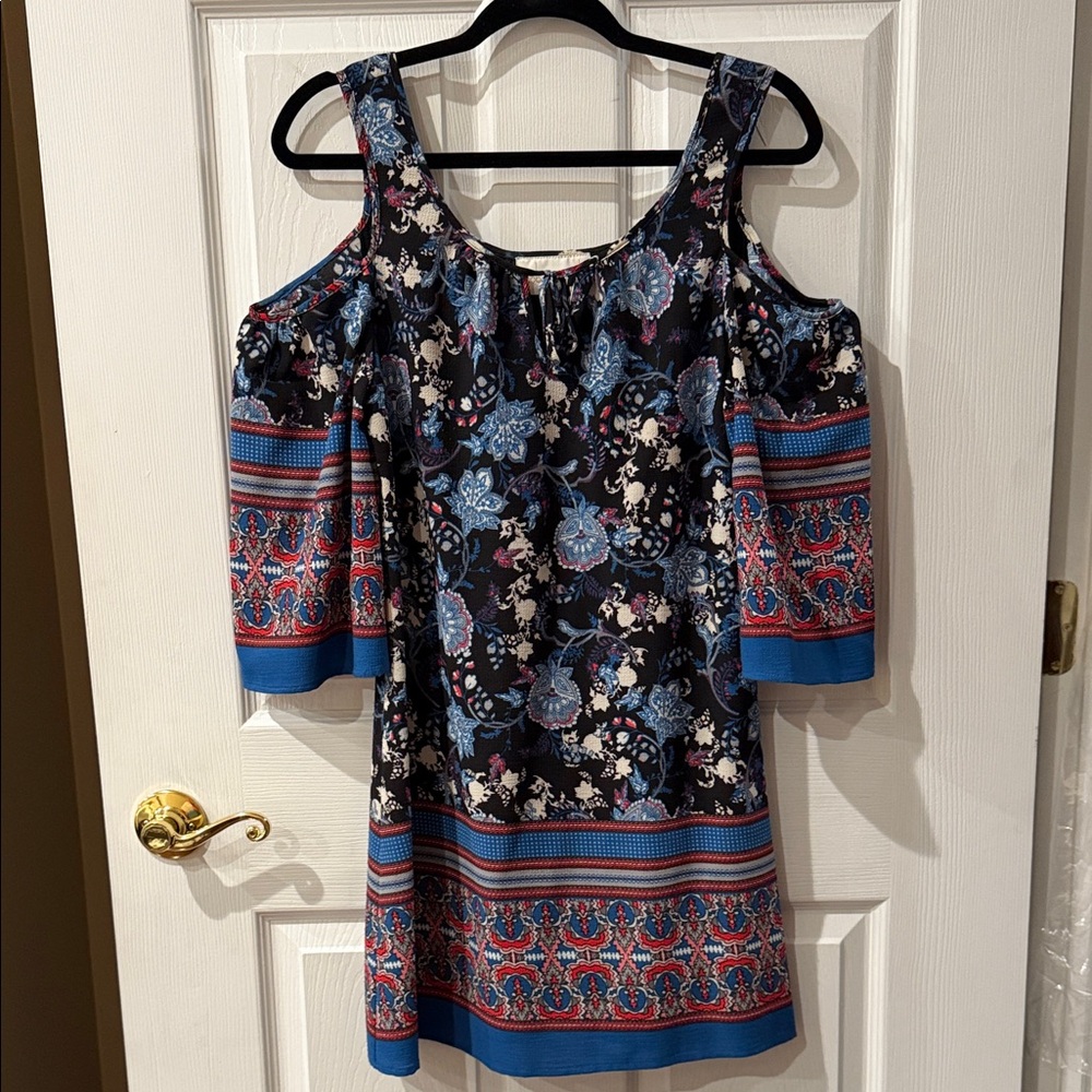 Floral Cold Shoulder Dress - Blue and Black